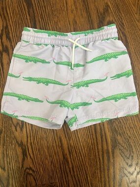 The Beaufort Bonnet Company Boys White Swim Trunks Green Crocodile Print EUC